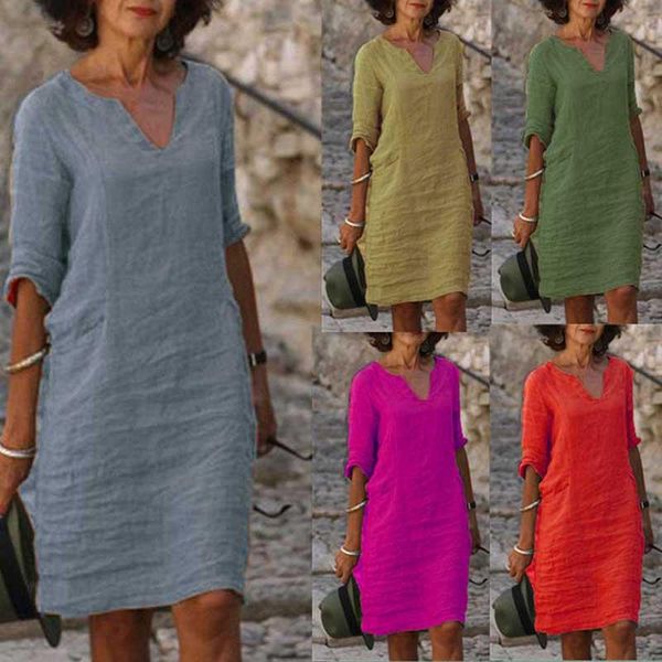 

casual dresses vintage women solid mini dress summer fashion v-neck three quater sleeve cotton linen ladies holiday vestidos, Black;gray