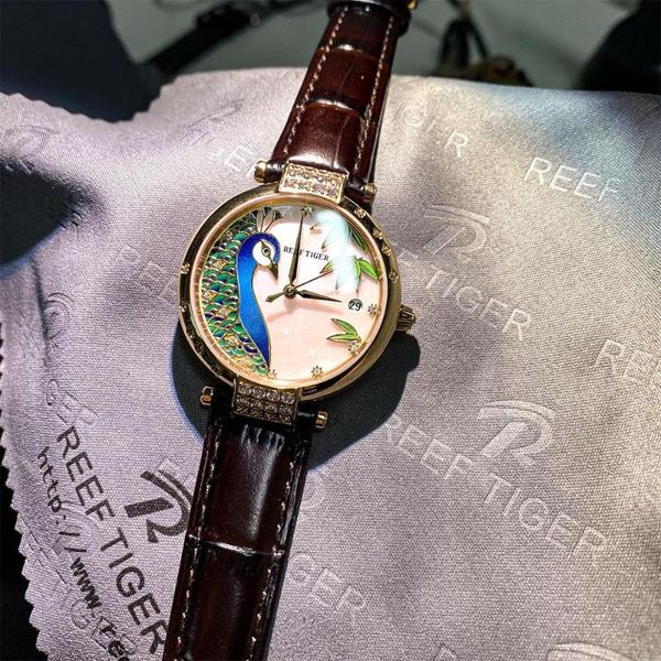 

reef tiger/rt brand gold rose luxury automatic day date watch fashion ladies leather strap rga1587 wristwatches, Slivery;brown