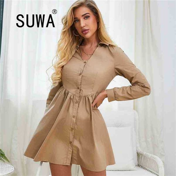 

solid color single-breasted shirts blouses spring fall sale long sleeve elegant work wear a-line casual women dresses 210525, Black;gray