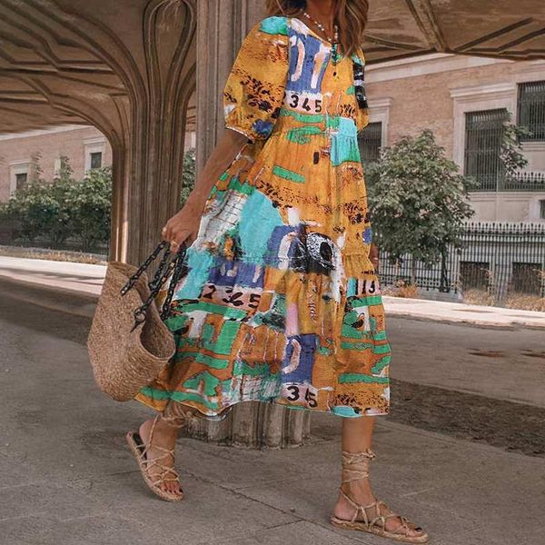 

casual dresses plus size women dress vonda vintage printed long cotton short sleeve party robe femme bohemian vestidos, Black;gray