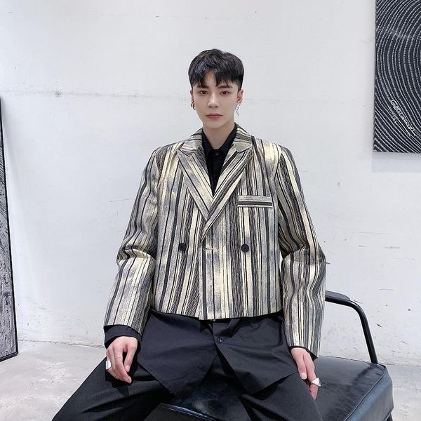 

men's suits & blazers male vintage fashion japan streetwear suit jacket outerwear stage clothing men metal stripe casual short coat, White;black