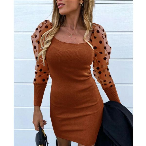 

women mesh puff long sleeve ribbed knitted dress slim casual polka dots bodycon elegant clubwear party clothes dresses, Black;gray