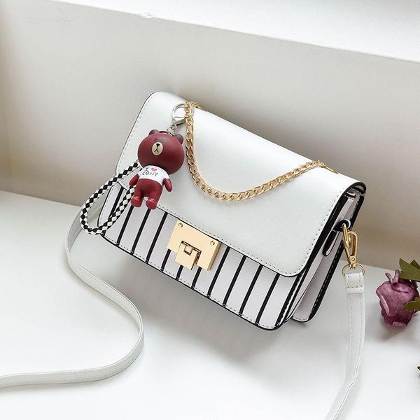 

stripe shoulder bags for women crossbody chain baguette bag bear hangings keychain handbag plaid ladies purse small stylish 2021 cross body