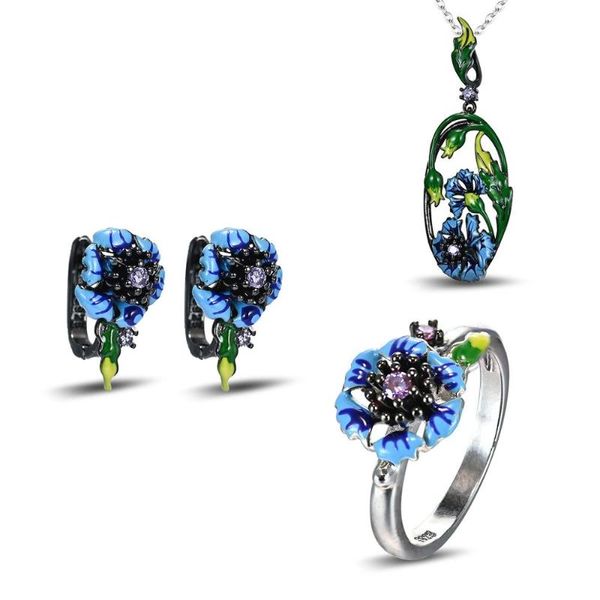 Orecchini Collana Smalto Artigianale Arte Fiore Fiordaliso Blu Anello Set Argento 925