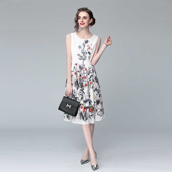 

women summer designer elegant floral print dress slim o neck sleeveless casual party robe ladies vintage pleated dresses 210525, Black;gray
