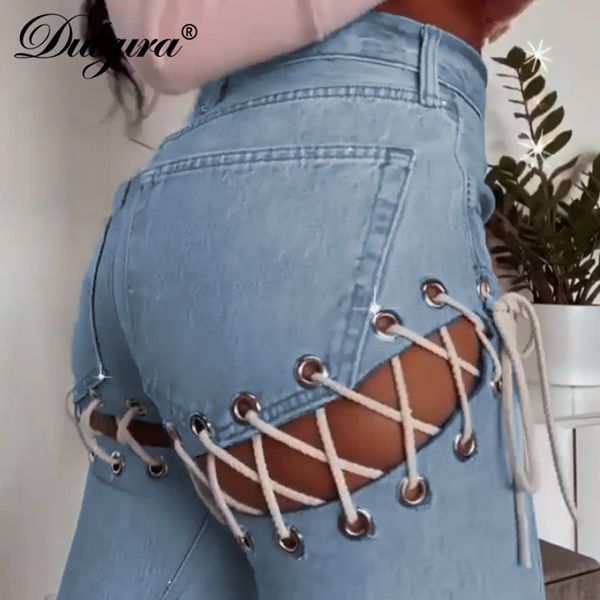 

lace up cross bandage patchwork women high waist straight jeans hollow out streetwear party club 2021 spring summer, Black;white