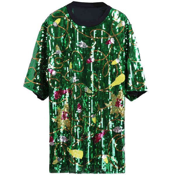 

women green black blue t-shirt o neck short sleeve sequined loose summer b0773 210514, White