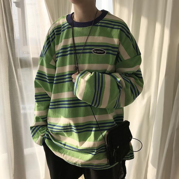 

men's t-shirts 2021 trend green blue long sleeve striped men tshirt couple clothes loose woman oversize harajuku fashion streetwear qua, White;black