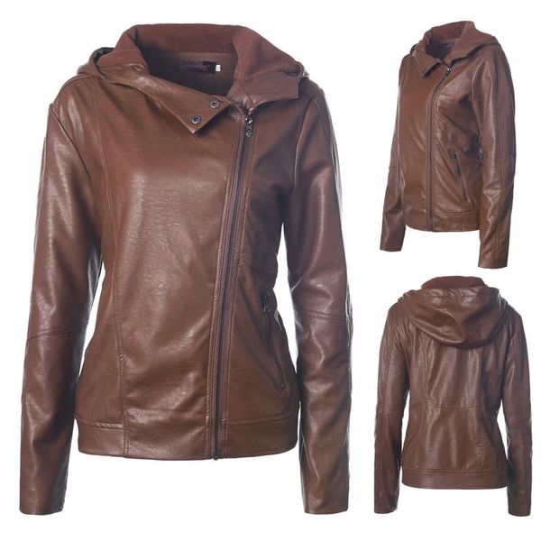 

women's leather & faux fashion autumn winter women solid colors zipper hooded long sleeve pu slim motorcycle biker jacket coat outwear#, Black