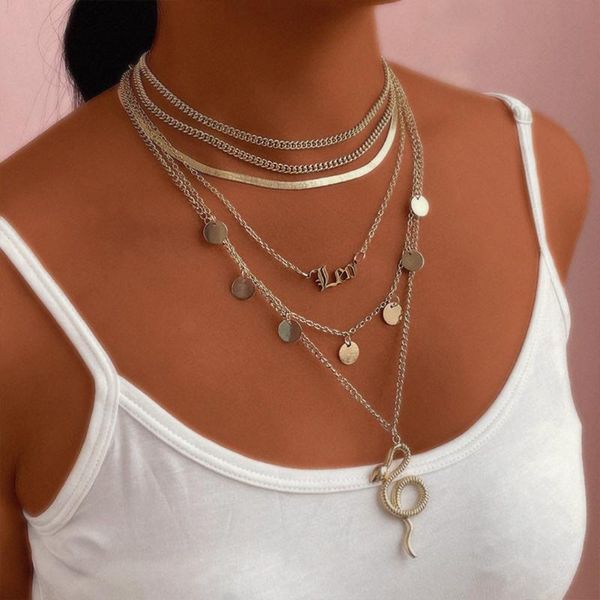 

chains just feel multi-layer snake leo pendant necklace for women gold color simple metal chain 2021 trend jewelry, Silver