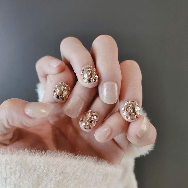 

false nails 24pcs short nail patch full cover with glue champagne diamonds type wearable fashion manicure art tools, Red;gold