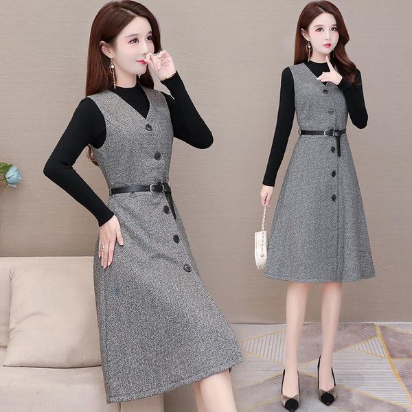 

casual dresses this year's dress long women's 2021 winter style of thin elegant, Black;gray