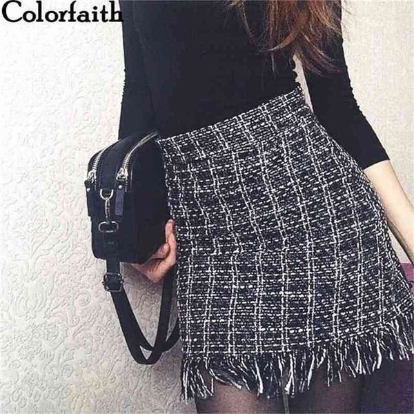 

colorfaith spring summer women woolen mini skirt in a cage vintage plaid tassel skater high waist checkered sk5583 210619, Black