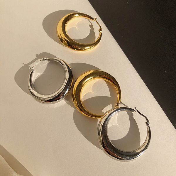 

hip hop 925 sterling silver metal oval hoop earrings for women glossy personality french jewelry s-e1475, Golden;silver