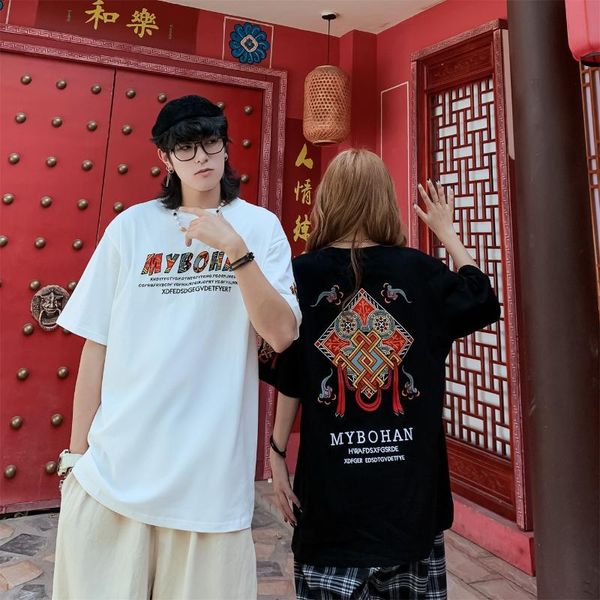 

men's t-shirts t shirt short sleeve chinese style embroidery couple 2021 summer loose hip-hop trendy design high-quality clothes, White;black