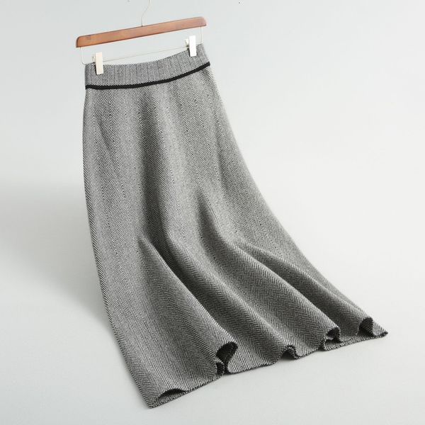 

casual dresses vintage high waist knitted woman winter skirts elegant solid color a-line midi new autumn ladies femme jupes 2ivi, Black;gray