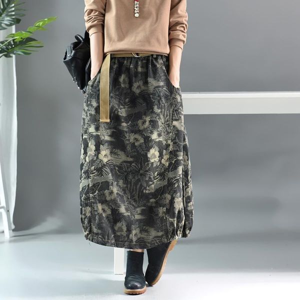 

johnature denim skirts for women print floral 2021 autumn elastic wasit patchwork cloths vintage bud, Black