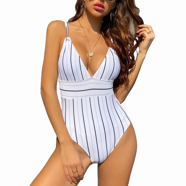 

one-piece suits female swimwear girls striped deep v-neck sleeveless bathing suit for summer white