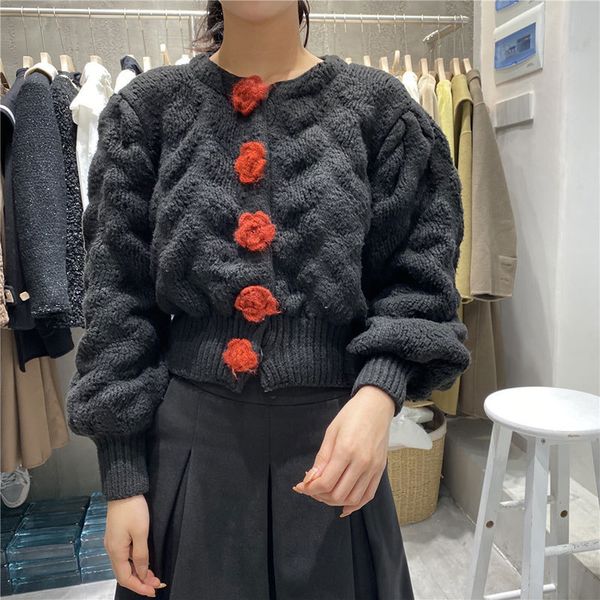 

knits lantern sleeve vintage women crop red sweater coat fashion floral buttons short knitted cardigan, White