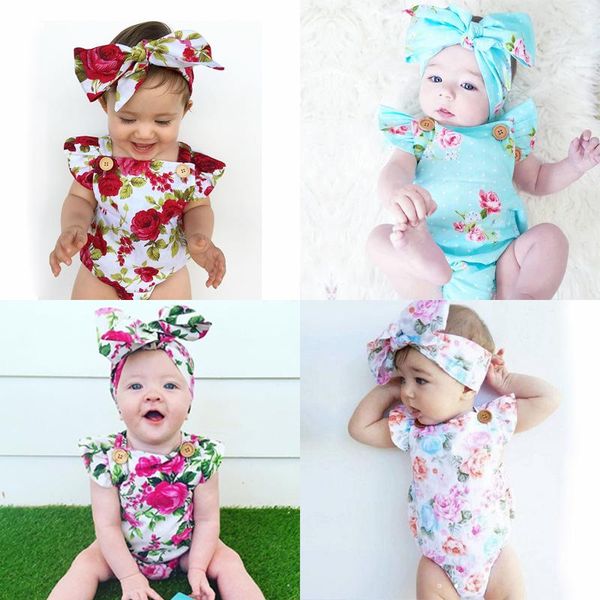 

jumpsuits born baby girls clothes flower print short sleeve round neck bodysuit bowknot headband 2pc infant cute casual summer set, Blue