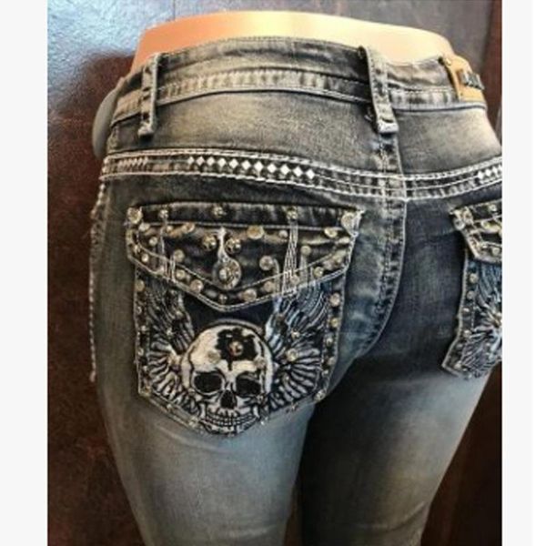 

women's jeans retro straight-leg pants plus size comfortable 2021 embroidery skull beaded stretch high-waisted denim trousers, Blue