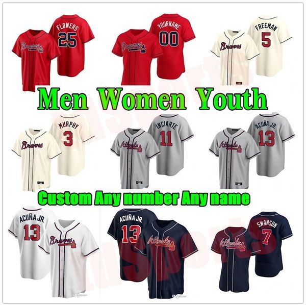 

2021 atlanta men women youth baseball jerseys 13 ronald acuna jr. freddie an dansby swanson cole hamels brave 1 ozzie albies chipper jones, Blue;black