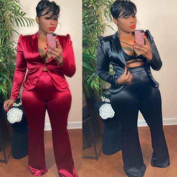 

women's two piece pants office lady women pant sets spring clothing notched collar long sleeve blazer and flare bell bottom matching su, White
