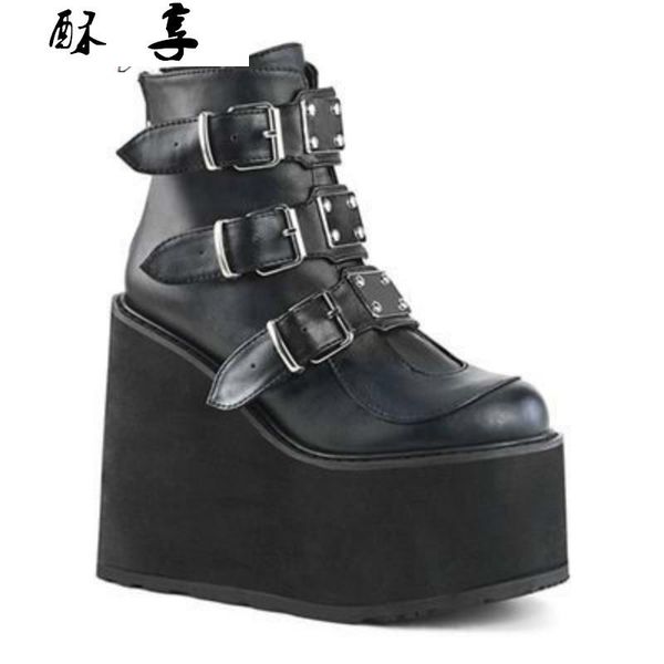

boots winter metal buckle ankel women punk female platform wedges high heels pu botas mujer plus size, Black