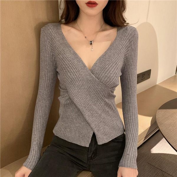 

women's sweaters diseyar v-neck sweater 2021 autumn and winter long sleeve crossed slim knit casual ladies, White;black