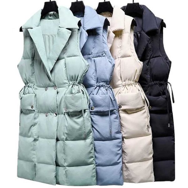 

cotton padded down vest women mid-length autumn winter warm sleeveless jacket waistcoat sashes outerwear student vest 211123, Black;white