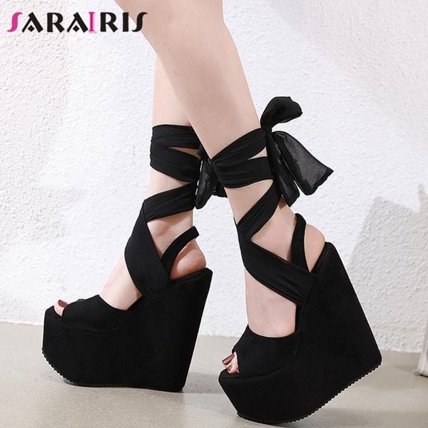 

sandals sarairis black ankle lace up peep toe platform women high wedges dress casual summer ladies frmale shoes