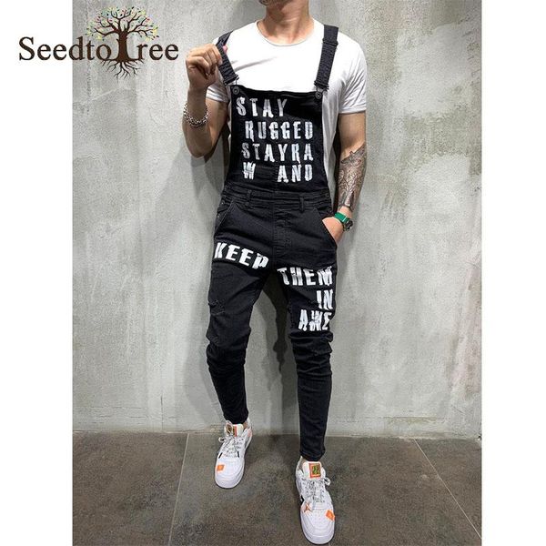 

men's jeans suspenders slim trousers letter pattern ripped hole overalls, Blue