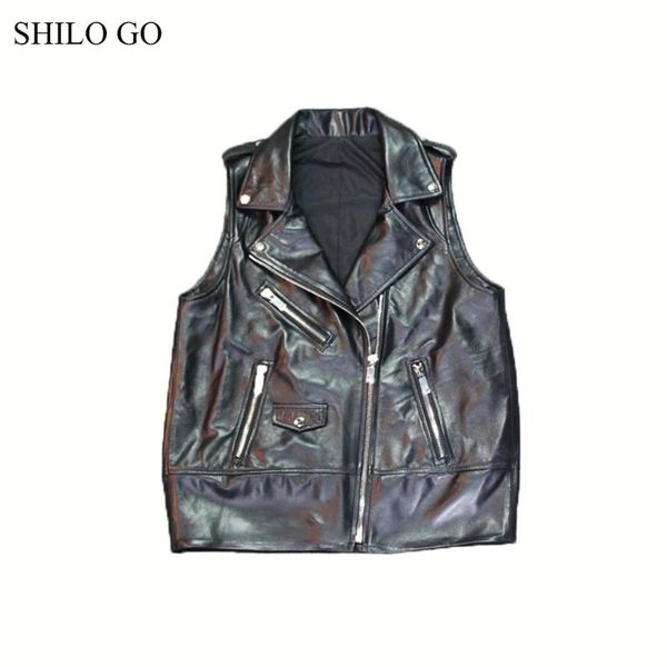 

women's vests shilo go leather vest womens spring fashion sheepskin genuine lapel collar zipper metal button straight black, Black;white