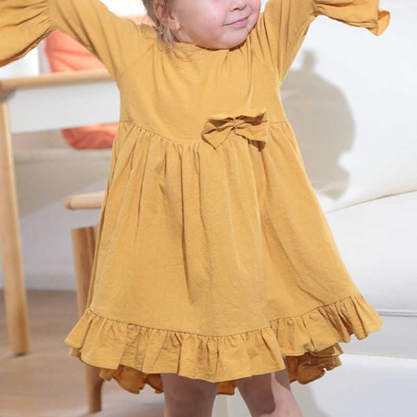 Детская одежда для девочек с милым бантом для маленьких детей с круглым вырезом желтое модное платье PrincParty