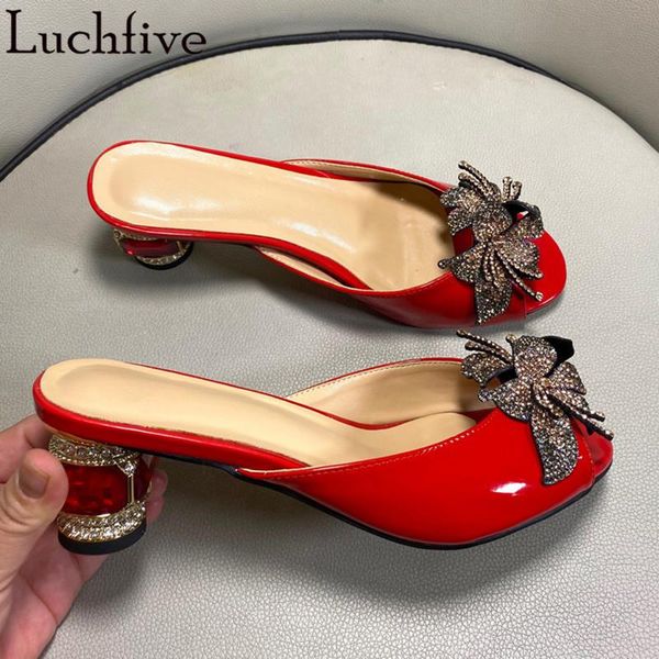 

slippers diamond heels women crystal peep toe shoes woman patent leather beach slides summer red party, Black