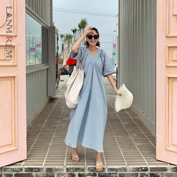 

loose short sleeve v-neck cotton and linen dresses famale temperament summer irregular clothes with pockets yj230 210507, Black;gray