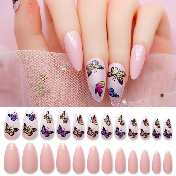 

false nails 24pcs women beauty detachable dargon design fake nail tips butterfly almond love heart, Red;gold