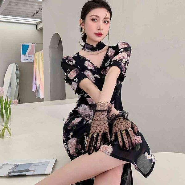 

casual dresses vintage puff sleeve floral long midi women summer short tunic bodycon ladies v neck cheongsam dbjz, Black;gray
