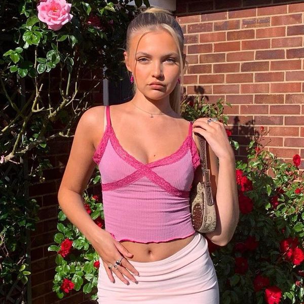 

women's tanks & camis summer bustier lace for women teens crop patchwork cami bandeau backless pink v-neck short camisole, White