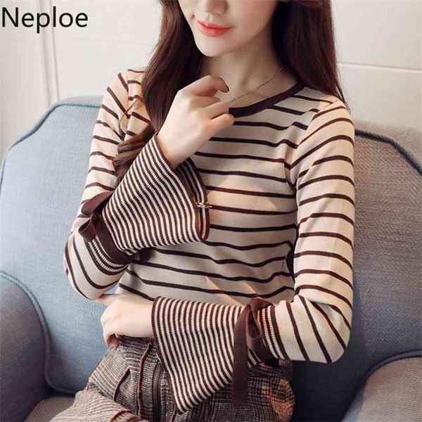 

autumn winter korean o neck striped puff long sleeve sweater women pullover short wild knit pull femme bottom 46646 210422, White;black