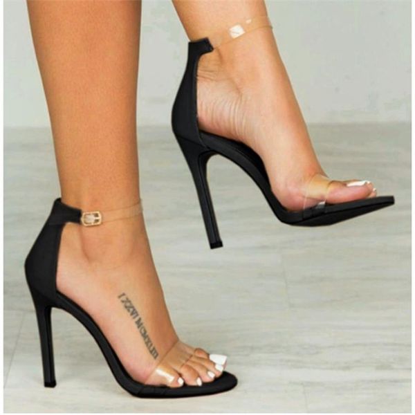 

summer 2021 crystal transparent thick-heeled sandals mouth high-heeled shoes, Black