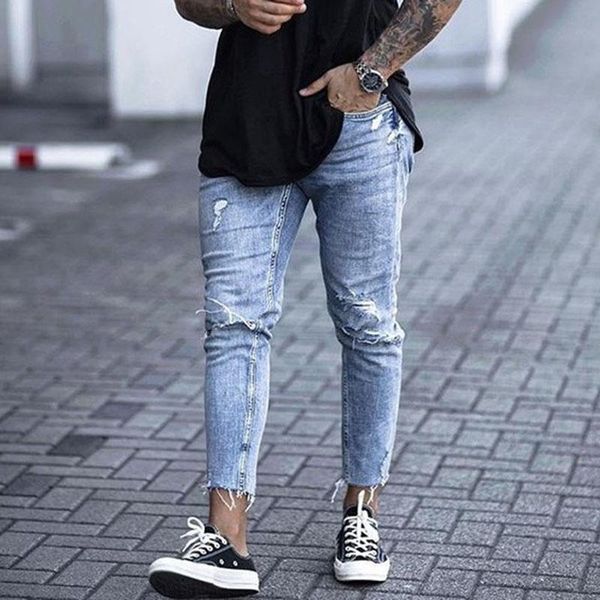 

men's jeans shzq casual skinny ankle length ripped denim pant zipper men clothing cut bottom pencil light blue cowboys street