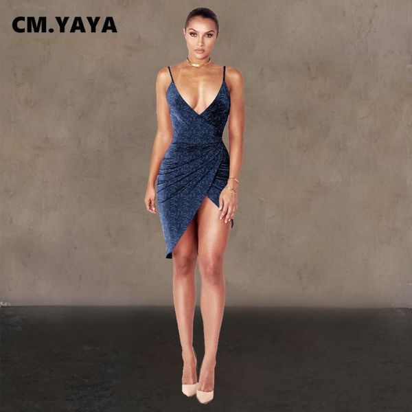 

casual dresses cm.yaya women dress solid spaghetti strap v-neck sheath elastic asymmetrical mini night party summer outfit, Black;gray