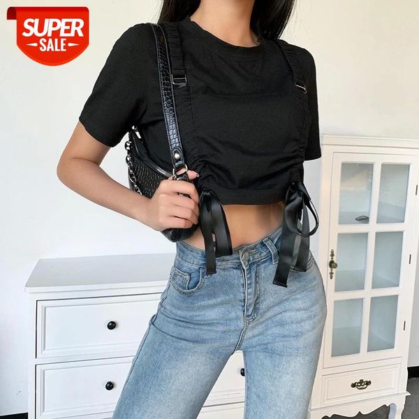 

women summer short/long sleeve chic t-shirt round neck trendy solid color slim shirt drawstring bandage exposed navel cargo #sm42, White