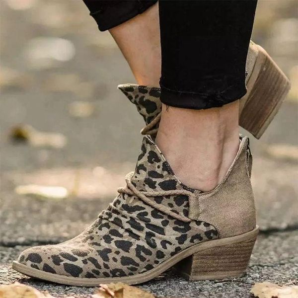 

boots women's autumn and winter models shoes pointed square heel leopard print fashion short women, Black
