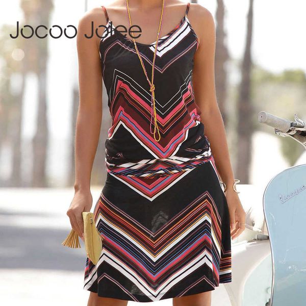 Joloo jolee mulheres moda casual vestido impresso sem mangas praia bodycon mini camis sol vestido boho padrão geométrico vestido slim 210619