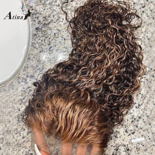 

atina honey blonde colored 13x4 lace front human hair wig bleach knots hd curly highlight remy natural hairline for women wigs, Black;brown
