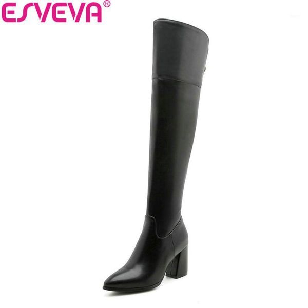 

boots esveva 2021 women over the knee zipper square high heels pointed toe solid sewing autumn shoes pu woman size 34-431, Black