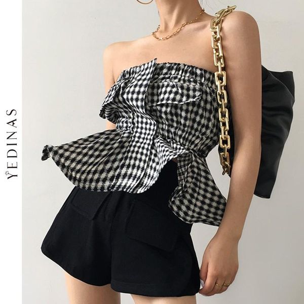 

women's blouses & shirts yedinas off shoulder women vintage plaid sleeveless korean ladies elegant slim blouse ruffles summer blusa, White