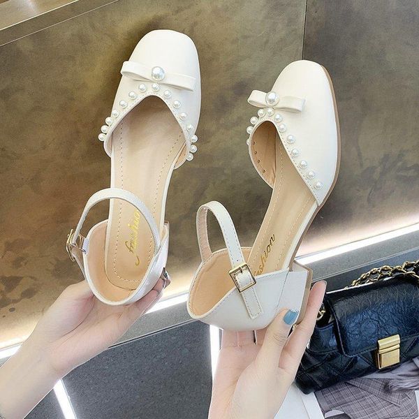 

sandals baotou summer fashion temperament high-heeled single shoes pointed pearl bow square heel casual ladies sandals., Black